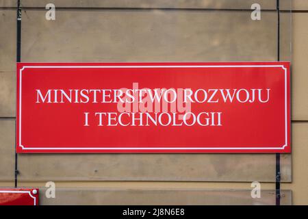 Signboard on a governmental building of Ministry of Economic Development and Technology in Warsaw, capital of Poland Stock Photo