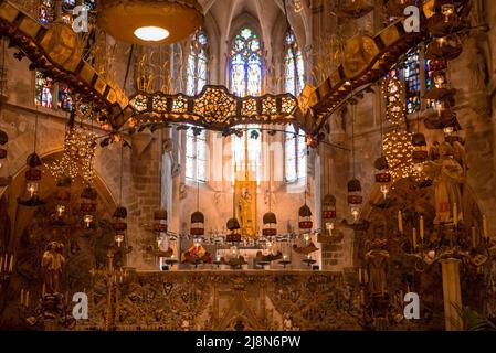 Low angle view of beautiful decoration at altar in gothic style La Seu Cathedral Stock Photo