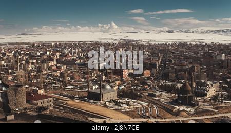 Kars, Turkey - February 23, 2022: Kars city view in winter from the Kars Fortress Stock Photo