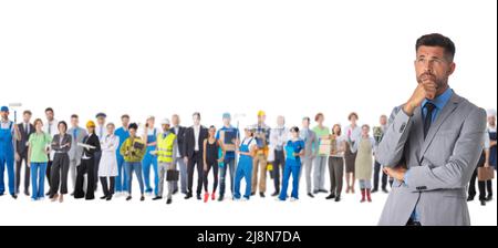 Business man thinking about profession, many people of different professions on background, hr job search concept, isolated on white background Stock Photo