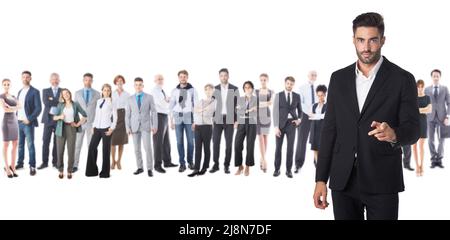 HR manager pointing finger at you, looking at camera, satisfied recruiter choosing job candidate, new career opportunity, recruitment and employment Stock Photo