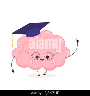 Cute kawaii brain in graduation cap. Funny character human brain. Cartoon flat style. Vector illustration Stock Vector