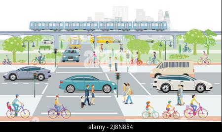 Road traffic and train traffic with people illustration Stock Vector ...