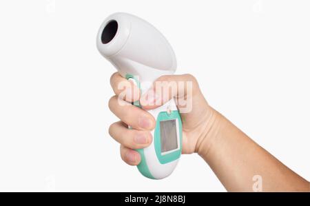 Non-contact infrared forehead digital thermometer. Isolated on white. Stock Photo