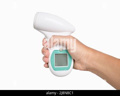 Non-contact infrared forehead digital thermometer. Isolated on white. Stock Photo