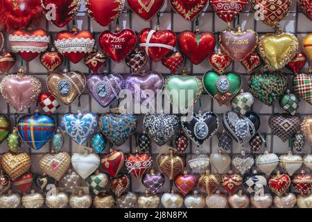 Heart shaped Christmas Baubles in Museum of Christmas Glass Ornaments in Nowa Deba town, Subcarpathian Voivodeship of Poland Stock Photo