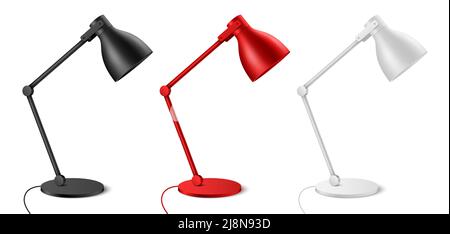 Table lamp vector set, in black, red, and white colors. Realistic desk light shade isolated. Stock Vector