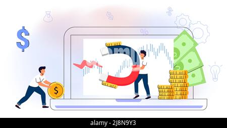 Monetization concept Flat tiny persons vector illustration Online e-commerce marketer analyzing blog content and generating income with ad placements Stock Vector