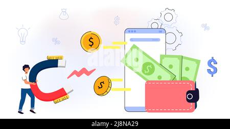Monetization concept Flat tiny persons vector illustration Online e-commerce marketer analyzing blog content and generating income with ad placements Stock Vector