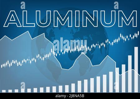 Aluminum price stock market graph on blue finance background with candlesticks, line, columns Stock Vector