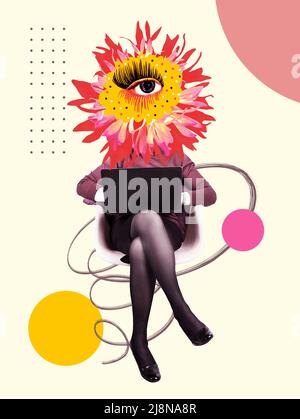 Contemporary art design. Eyeball in flower. Modern conceptual art poster with beautiful eye in surrealism style. Buisness woman sitting with laptop on color abstract background. Stock Photo