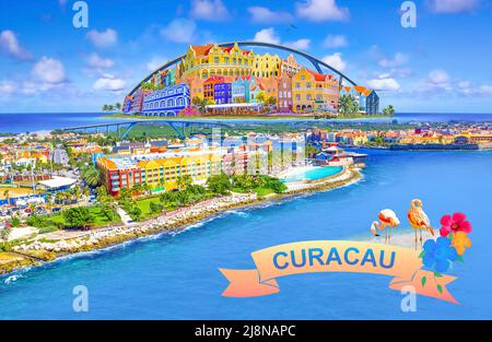 Collage with aerial panorama of Willemstad town in Curacao - The island Curacao is a tropical paradise in the Antilles in the Caribbean sea with beautiful architecture, beaches. Stock Photo