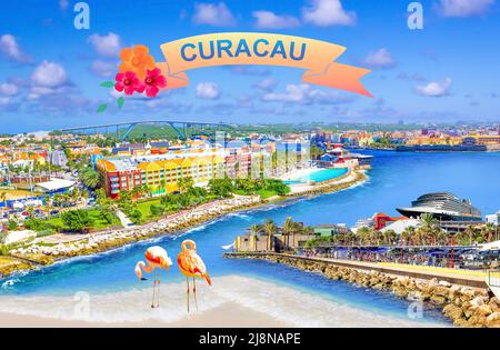 Collage with aerial panorama of Willemstad town in Curacao - The island Curacao is a tropical paradise in the Antilles in the Caribbean sea with beautiful architecture, beaches. Stock Photo