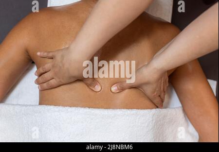 Massage therapist massaging the back of her client. Stock Photo