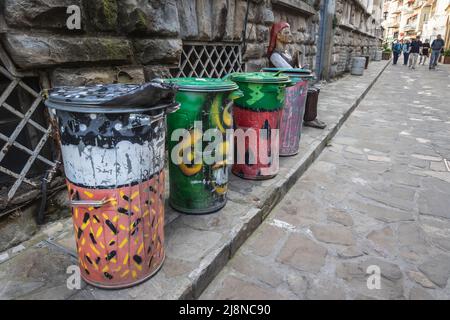 Painted dust bins in historic part of Veliko Tarnovo town, administrative centre of Veliko Tarnovo Province in north central Bulgaria Stock Photo