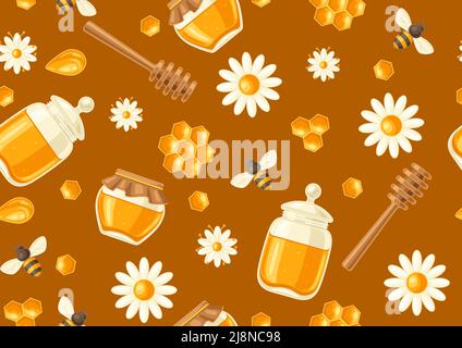 Seamless pattern with honey items. Image for business, food and agricultural industry. Stock Vector