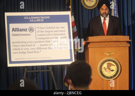 New York, USA. 17th May, 2022. .Announcement of indictment of Allianz Global Investors US by the SEC's Gurbir Grewal. Photo: Matthew Russell Lee / Inner City Press Stock Photo