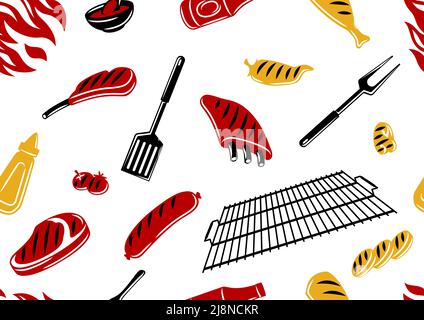 Bbq seamless pattern with grill objects and icons. Stylized kitchen and restaurant menu items. Stock Vector