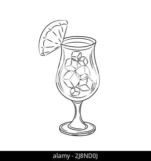 Vector glass of pina colada cocktail with slice pineapple retro hand drawn style. Outline illustration summer alcohol drink Stock Vector