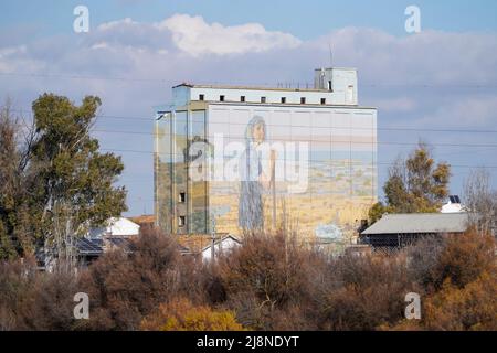 large artistic mural painted on the facade of the old grain silo in Fuente de Piedra, Spain. Stock Photo