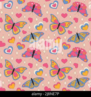 Seamless pattern with retro butterflies with hearts. Stock Vector