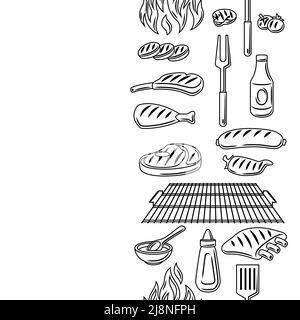 Bbq seamless pattern with grill objects and icons. Stylized kitchen and restaurant menu items. Stock Vector