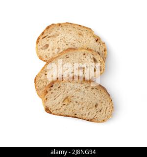 three slices wheat bread isolated on white background, italian fresh bread with tomato, top view Stock Photo