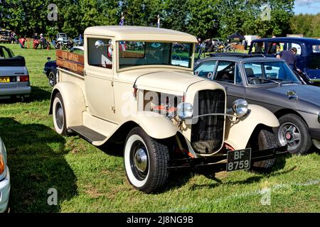 Westbury, Wiltshire, UK - September 1 2019:1930 Ford Model A Pick Up Truck 355 Ci V8 Hotrod, BF 8759, at the Westbury White Horse Classic Vehicle Show Stock Photo