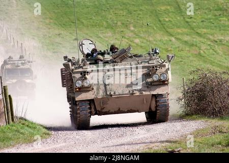 Salisbury Plain, Wiltshire, UK - March 15 2007: A British Army FV432 Armoured Personnel Carrier on the Salisbury Plain Training Area in Wiltshire, UK Stock Photo