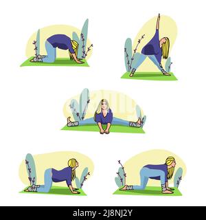 Pregnant woman doing yoga, 5 exercises for health Stock Vector