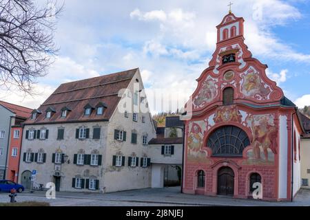 Beautiful colorful romantic city of Fussen Germany with decorated houses . Stock Photo