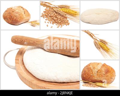 Collage with bread, wheat ears, wheat grains,fresh yeast dough on cutting board with rolling pin. Stock Photo