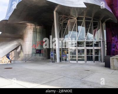 Seattle, WA USA - circa March 2022: View of the empty entrance to the Museum of Pop Culture in downtown Seattle.