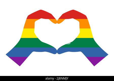 Gesture of the hands folded as heart with Pride Rainbow Flag inside. Icon isolated on white background. Symbol of LGBT community. Vector illustration Stock Vector