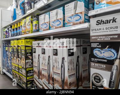 Lynnwood, WA USA - circa April 2022: Angled view of Shark brand mops and vacuums for sale inside a Bed Bath and Beyond. Stock Photo