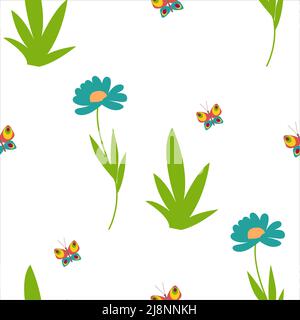 Flowers and butterflies, daisies spring nature seamless pattern. Gerberas. Vector illustration Stock Vector