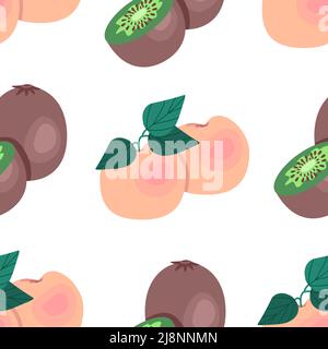 Kiwi and peaches seamless pattern. Fruit print, vector illustration in flat style Stock Vector