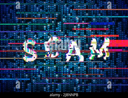 Glitch SCAM word on blue matrix, digital fraud concept illustration Stock Vector
