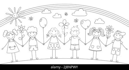 Cheerful children holding hands. Black and white linear contour drawing. Vector Stock Vector