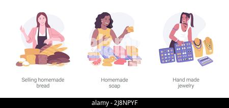 Selling homemade products isolated cartoon vector illustrations set. Stock Vector