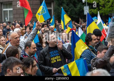 A man is shouting from a crowd on Support Ukraine march in Sofia, Bulgaria Stock Photo