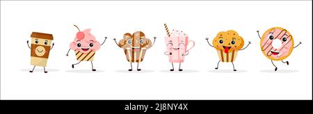 Set of cute coffee characters in trendy kawaii style. Take away cups, mugs and bean with hot beverage. Happy cartoon drinks with doodle stars and hear Stock Vector