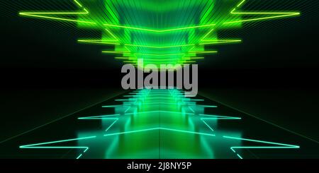 Reflections of bright neon lights, the colorful glow of lamps. Arrows pointing the way. Background 3d rendering illustration.