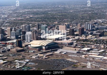 Aerial view of Phoenix, Arizona, from an aircraft window as the plane takes off from Phoenix Sky Harbor International Airport in Phoenix, Arizona. Stock Photo