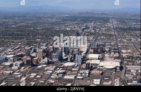 Aerial view of Phoenix, Arizona, from an aircraft window as the plane takes off from Phoenix Sky Harbor International Airport in Phoenix, Arizona. Stock Photo