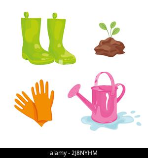 Gardening icon set. Colorful garden collection tools Stock Vector