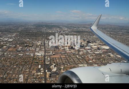 Aerial view of Phoenix Arizona from an aircraft window as the