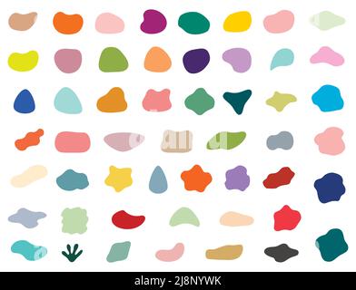 Set of different colored blotch shapes. Random abstract liquid shapes, round abstract organic elements. Pebble, drops and blobs silhouettes. Simple Stock Vector