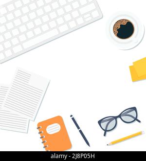 Financial Accounting Desk. Top view of a table, laptop, folder, documents, notepad, business card, books, coffee, business, organization. Eps 10 Stock Vector