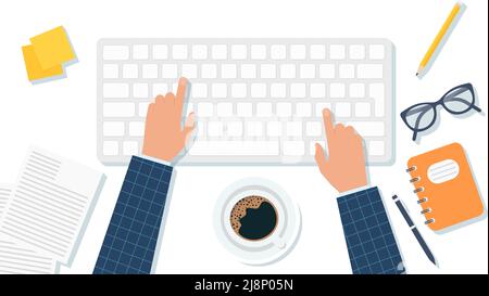 Financial Accounting Desk. Top view of a table, laptop, folder, documents, notepad, business card, books, coffee, business, organization. Eps 10 Stock Vector